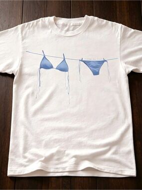 Blue bikini clothesline graphic tee white unisex